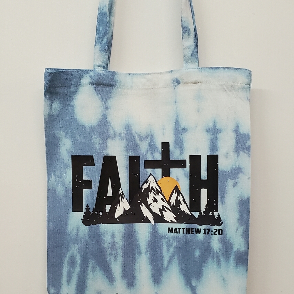Custom Blue Tie-Dye Faith Tote Bag Bible verse mountains hand-made